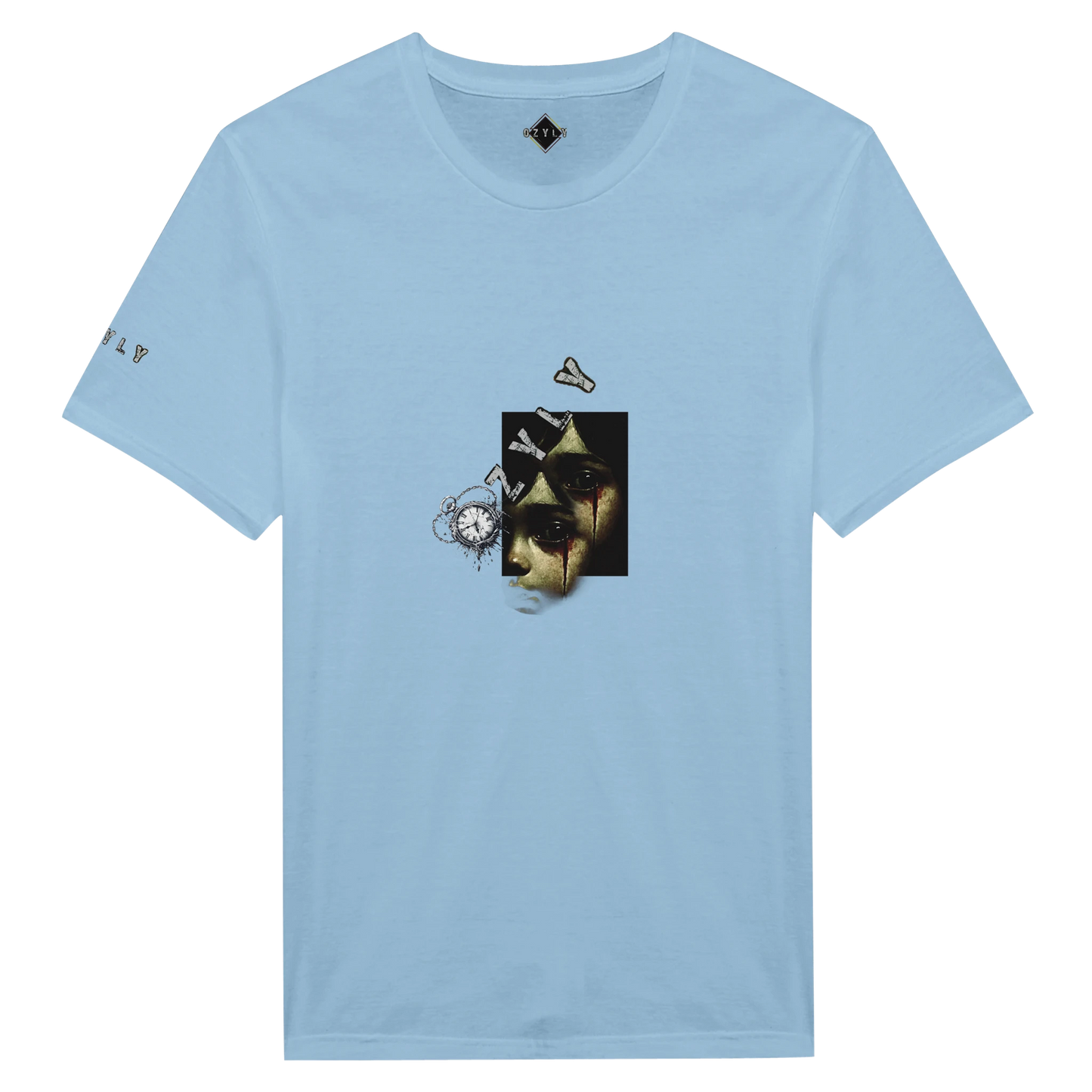 Light Blue t-shirt with little girl face with blood from eye with ''OZYLY'' logo