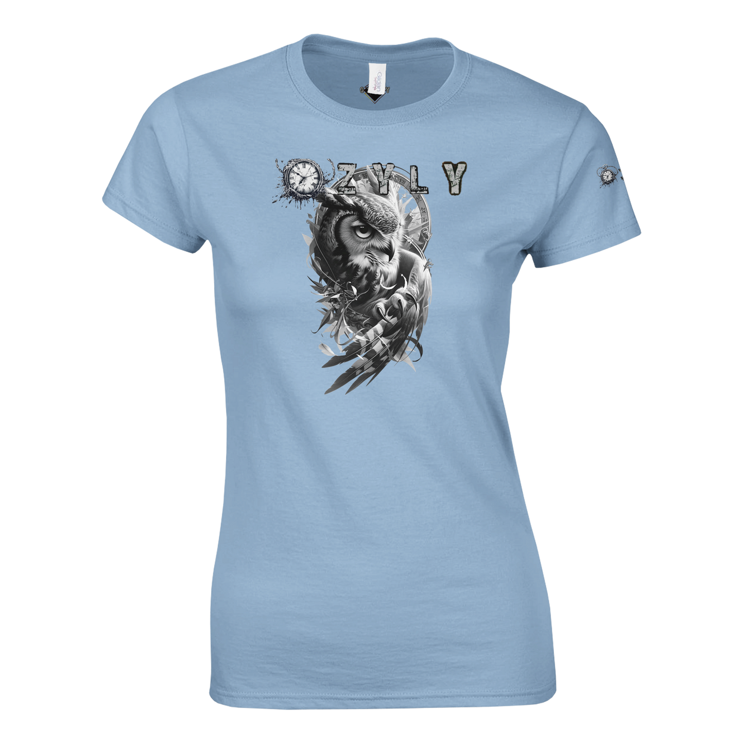 Light blue t-shirt with an owl design Classic Women Crewneck T-shirt with owl and ''OZYLY'' logo with watch