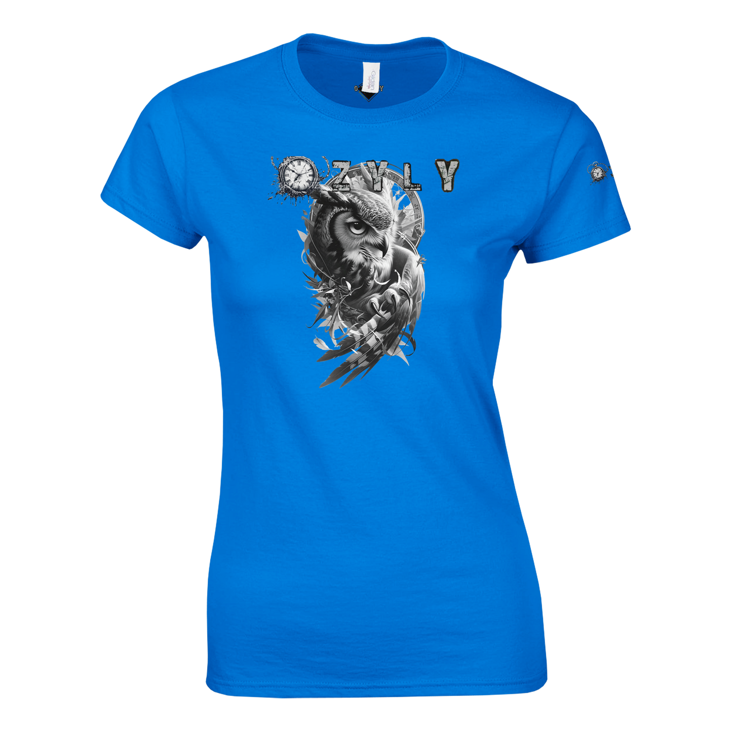 Blue t-shirt with an owl graphic and text Classic Women Crewneck T-shirt with owl and ''OZYLY'' logo with watch