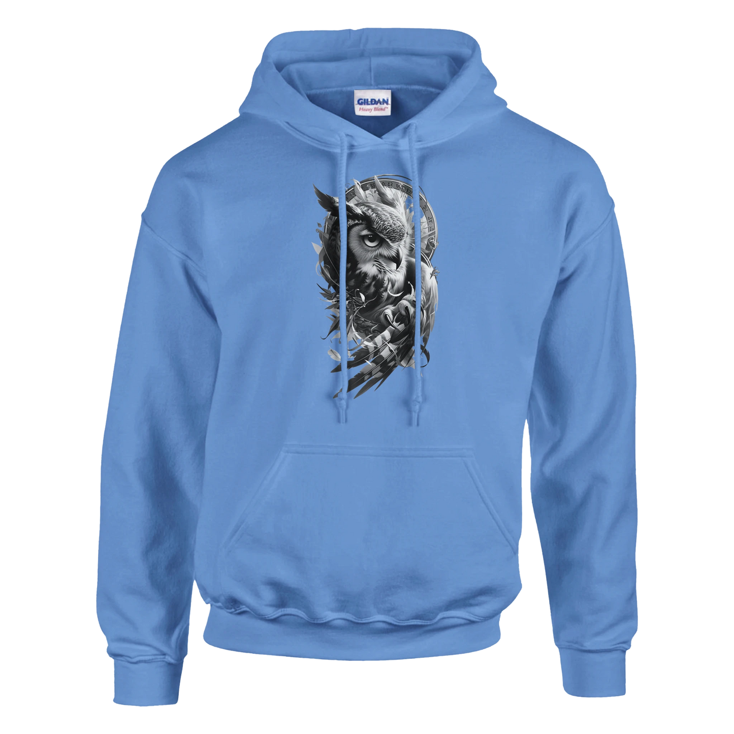 Blue hoodie with a graphic design on a white background Classic Unisex Pullover Hoodie | Gildan® 18500 with owl
