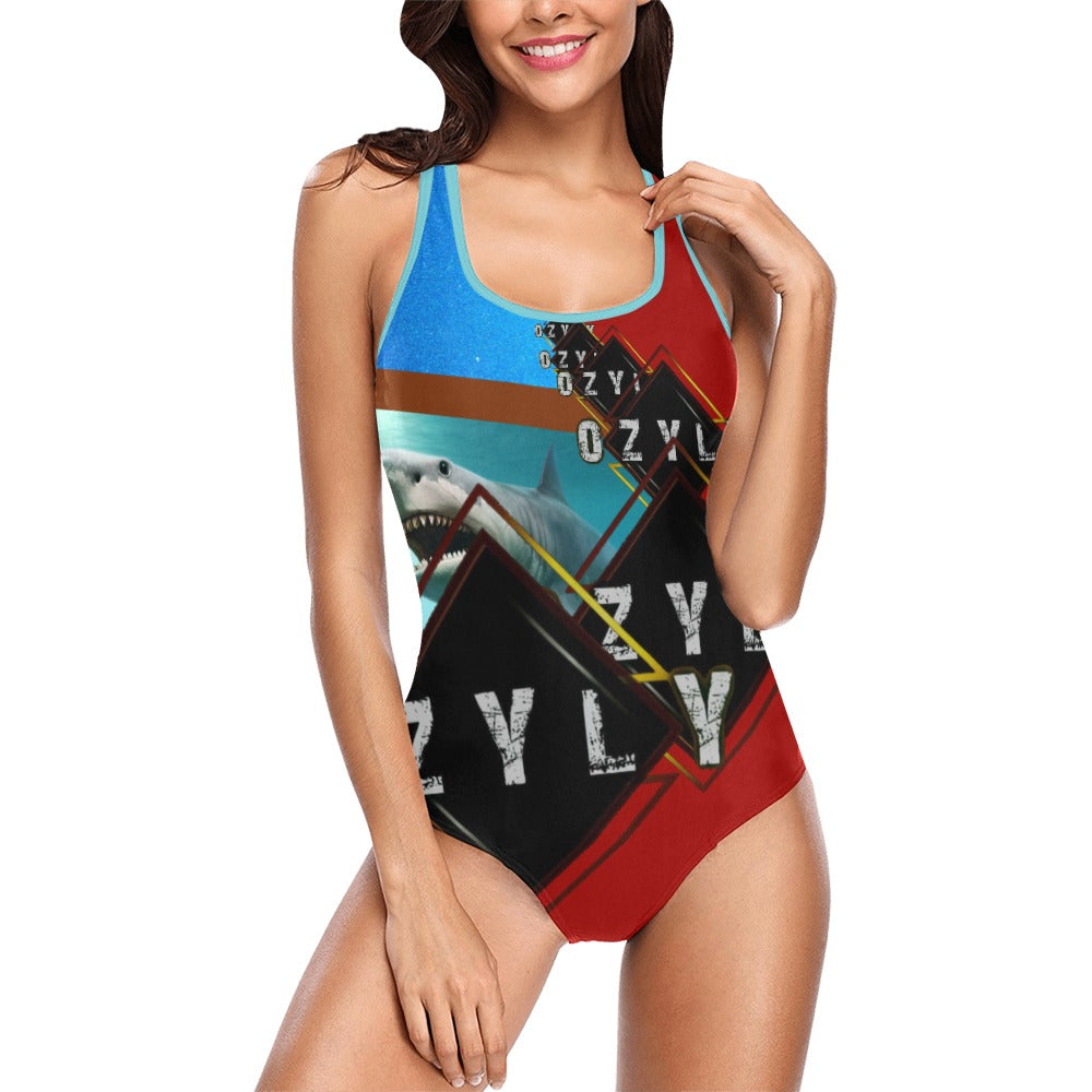 Red ''OZYLY'' multiple logo with shark in ocean with turquoise hem line