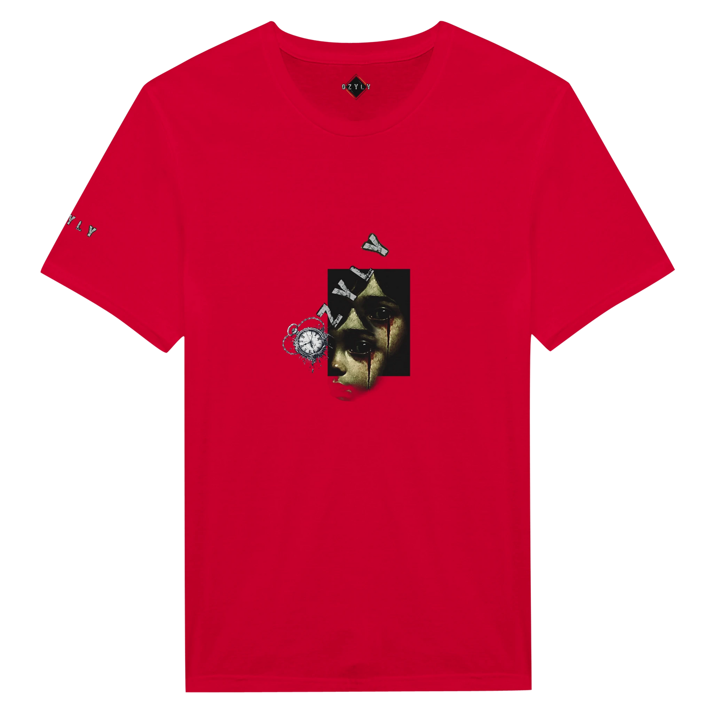 Red t-shirt with little girl face with blood from eye with ''OZYLY'' logo