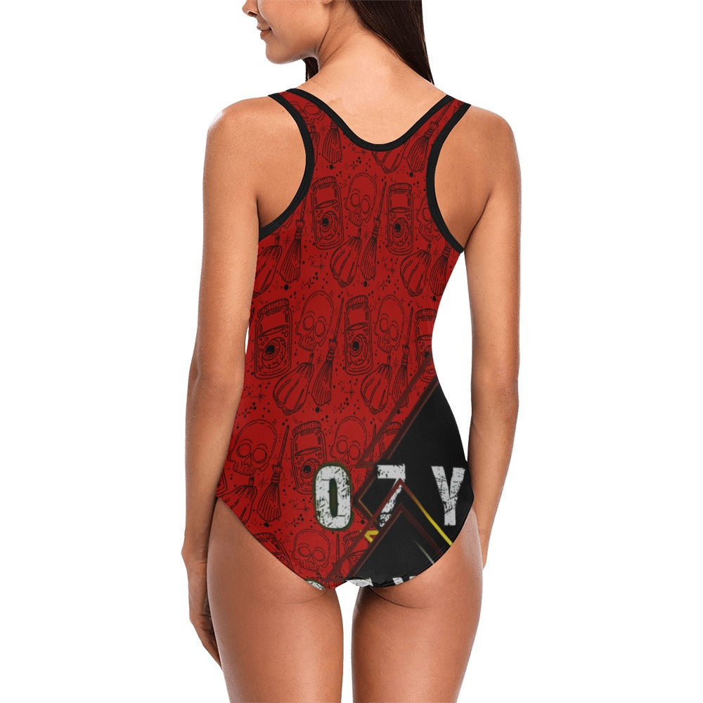 Red ''OZYLY'' multiple logo with black hem line