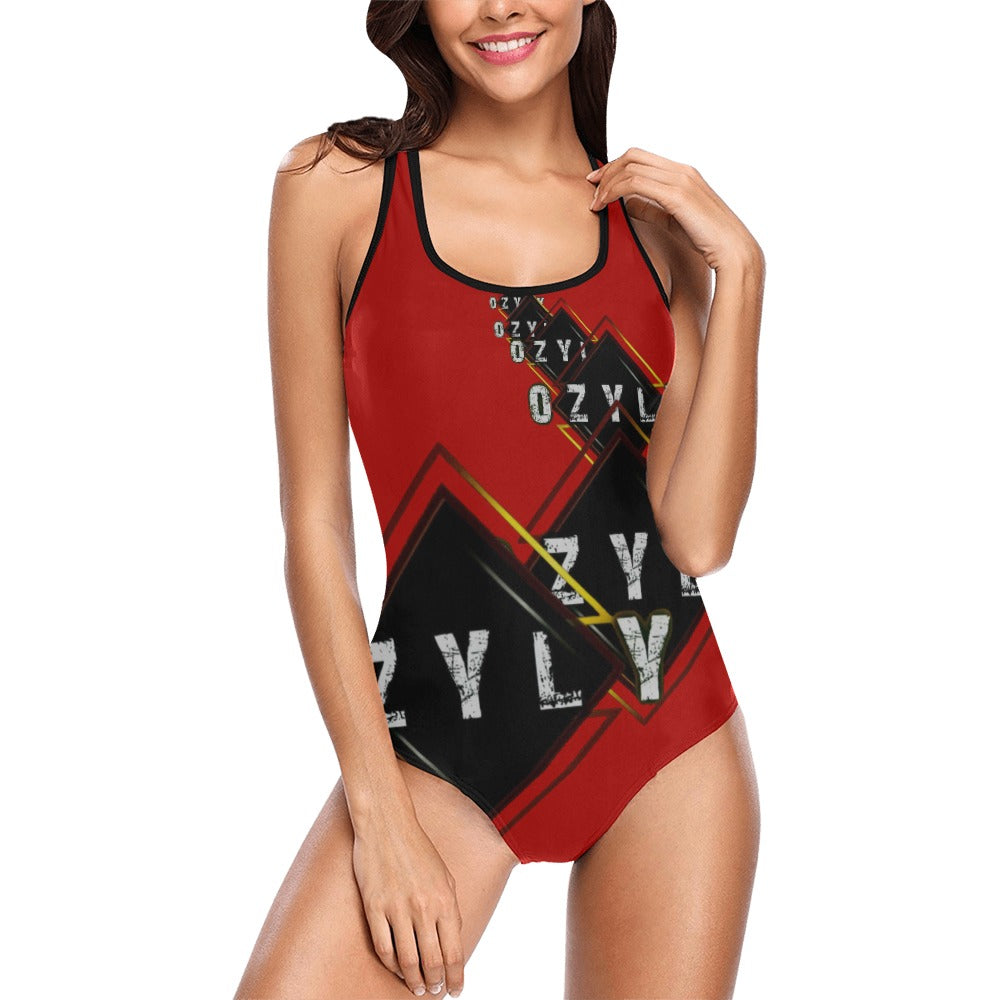 Red ''OZYLY'' multiple logo with black hem line