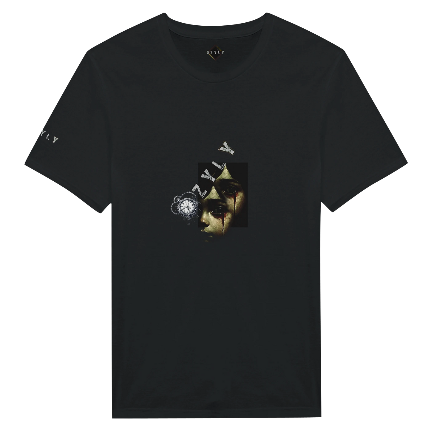 Black t-shirt with graphic design on a white background