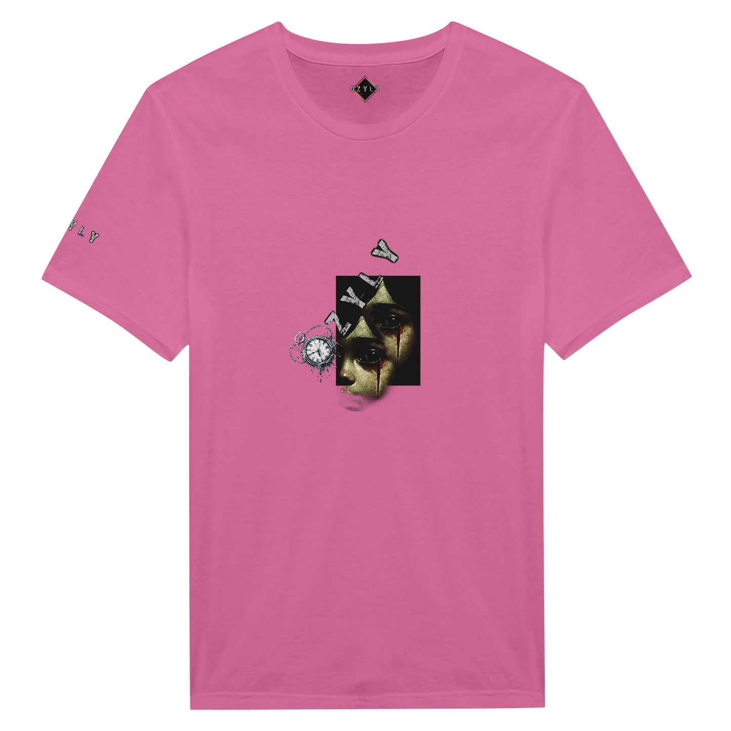 Pink fluo t-shirt with little girl face with blood from eye with ''OZYLY'' logo