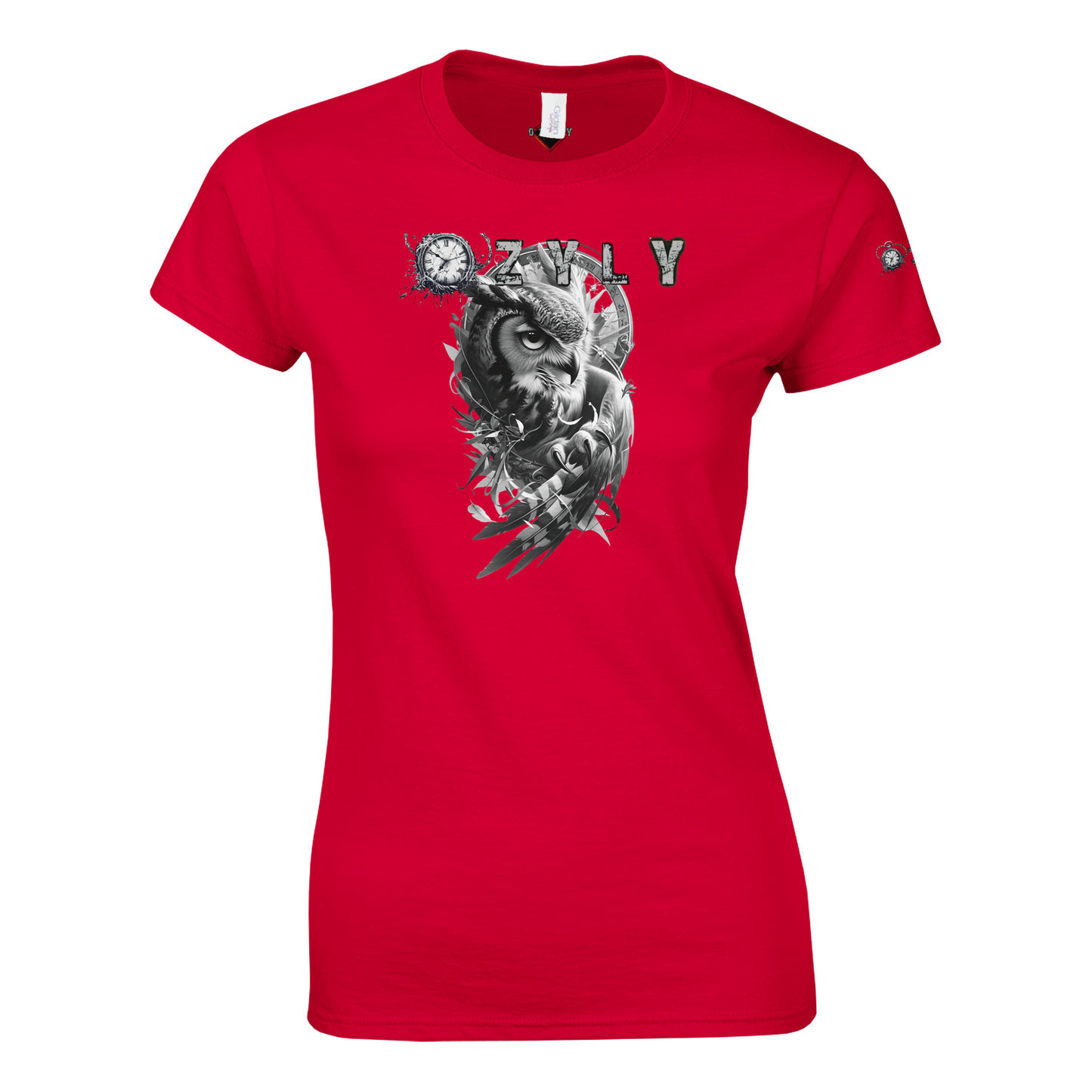 Red t-shirt with an owl graphic and text Classic Women Crewneck T-shirt with owl and ''OZYLY'' logo with watch