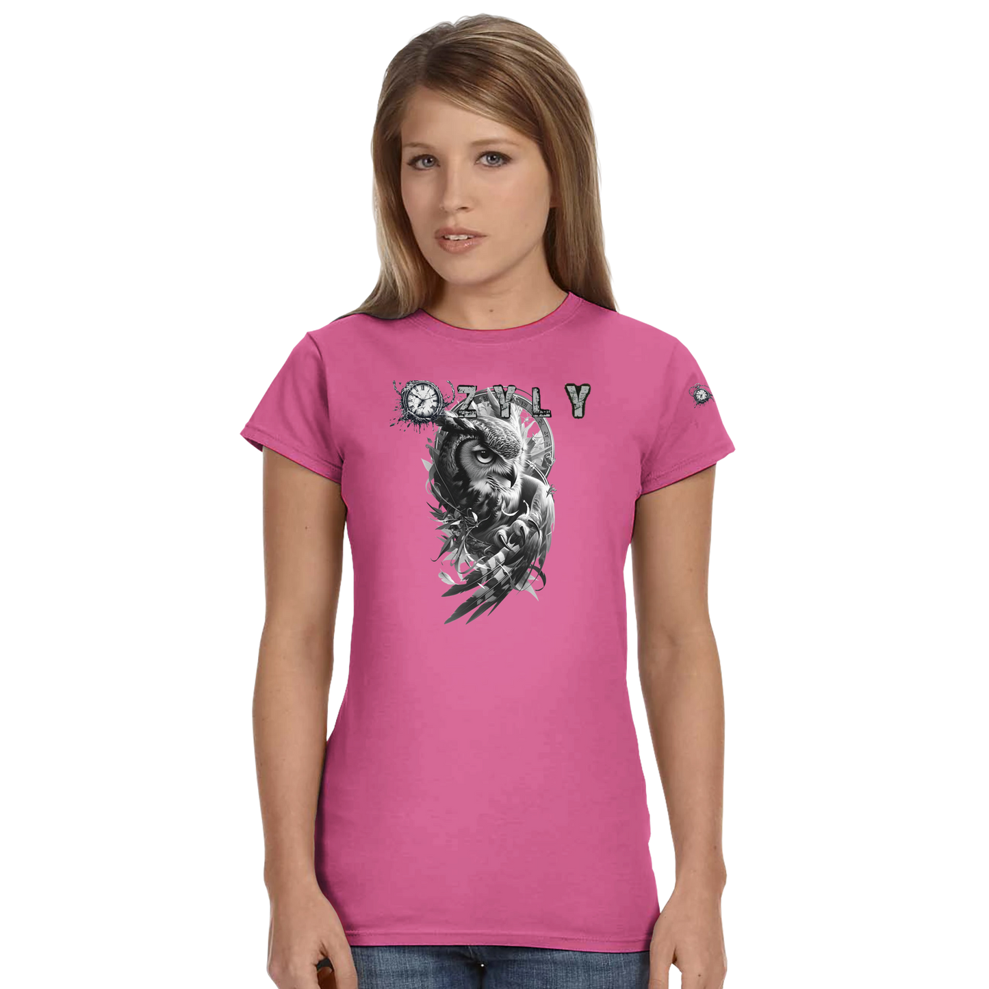 Person wearing a pink t-shirt with a graphic design on a white background Classic Women Crewneck T-shirt with owl and ''OZYLY'' logo with watch