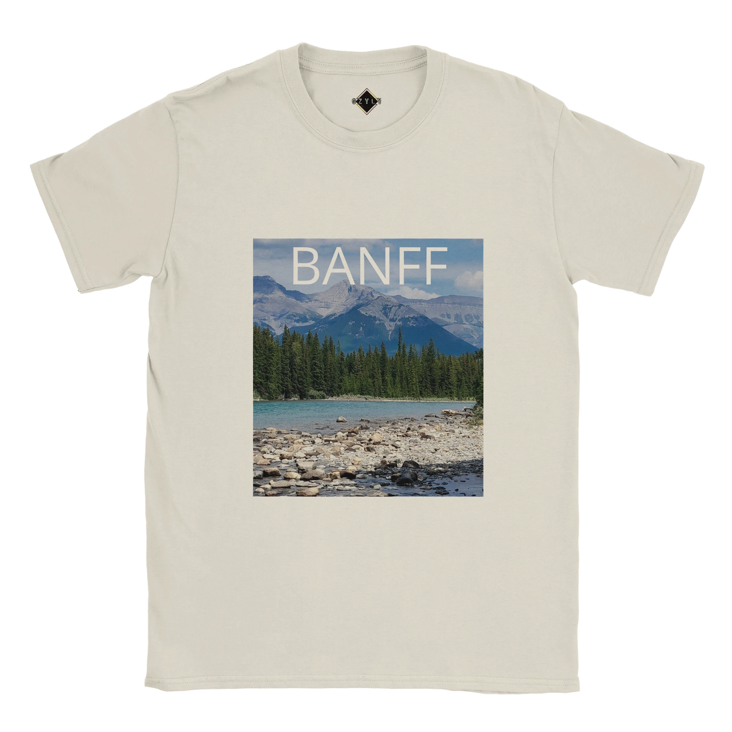 Beige t-shirt with Banff national park graphic on a white background Bowfalls Banff