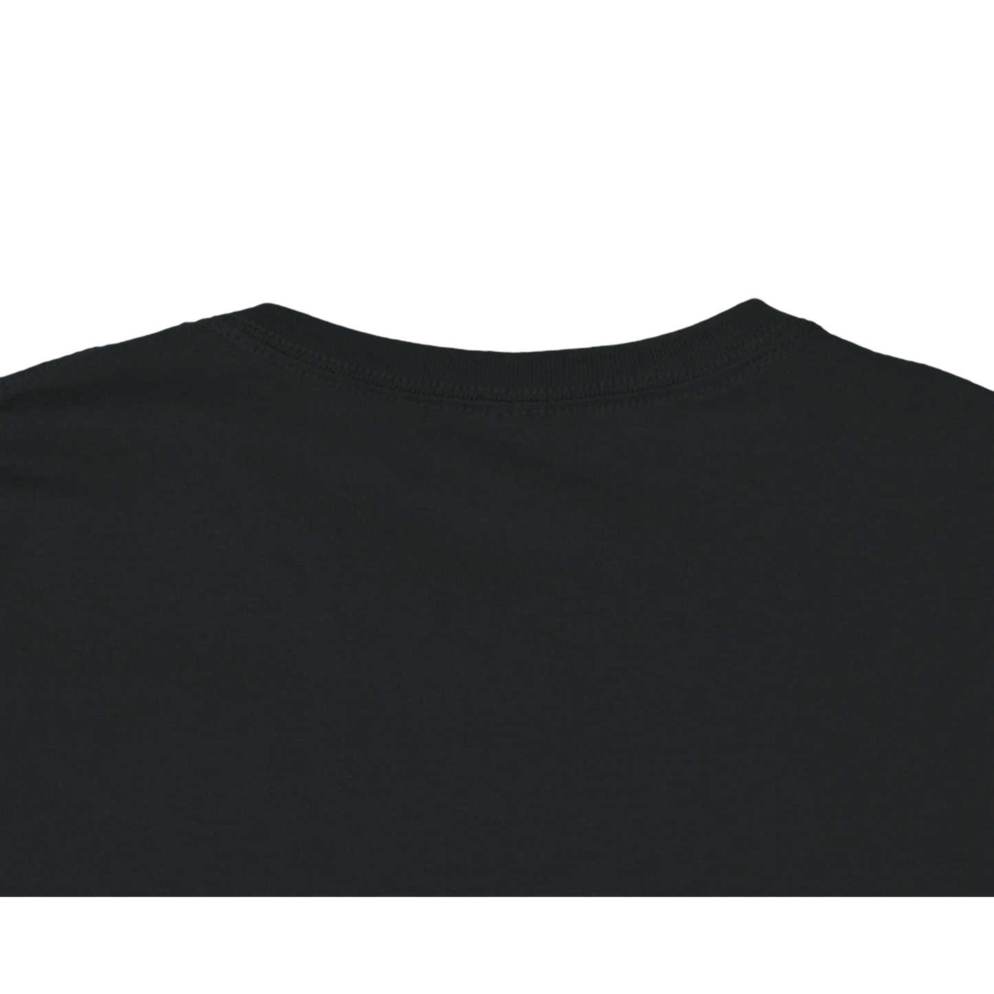 Close-up of a black t-shirt collar on a white background