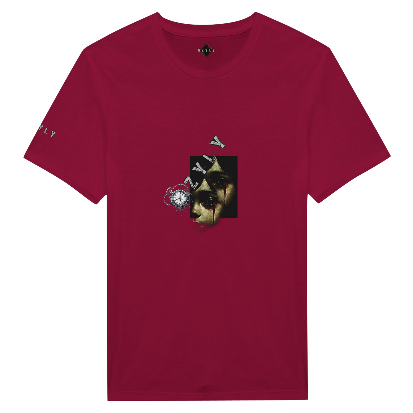 Red pinky t-shirt with little girl face with blood from eye with ''OZYLY'' logo