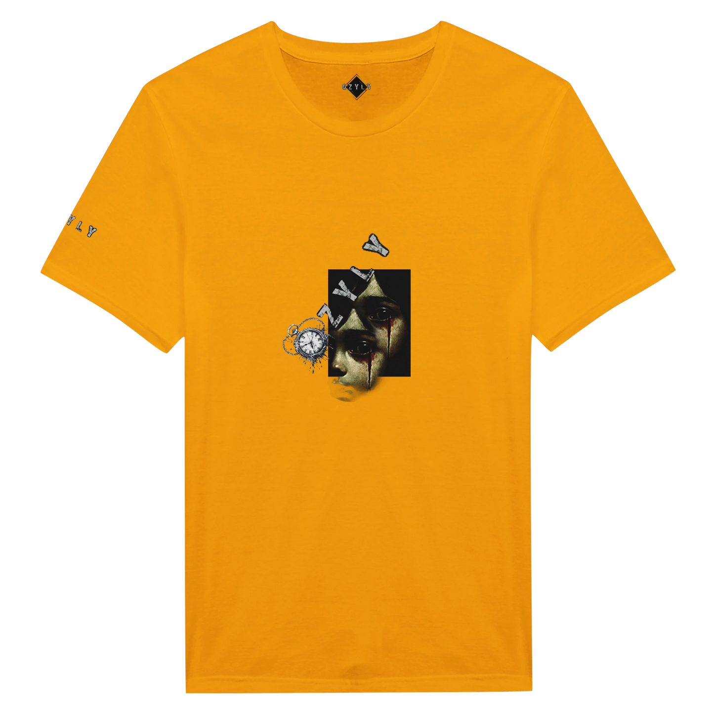 Orange yellow t-shirt with little girl face with blood from eye with ''OZYLY'' logo