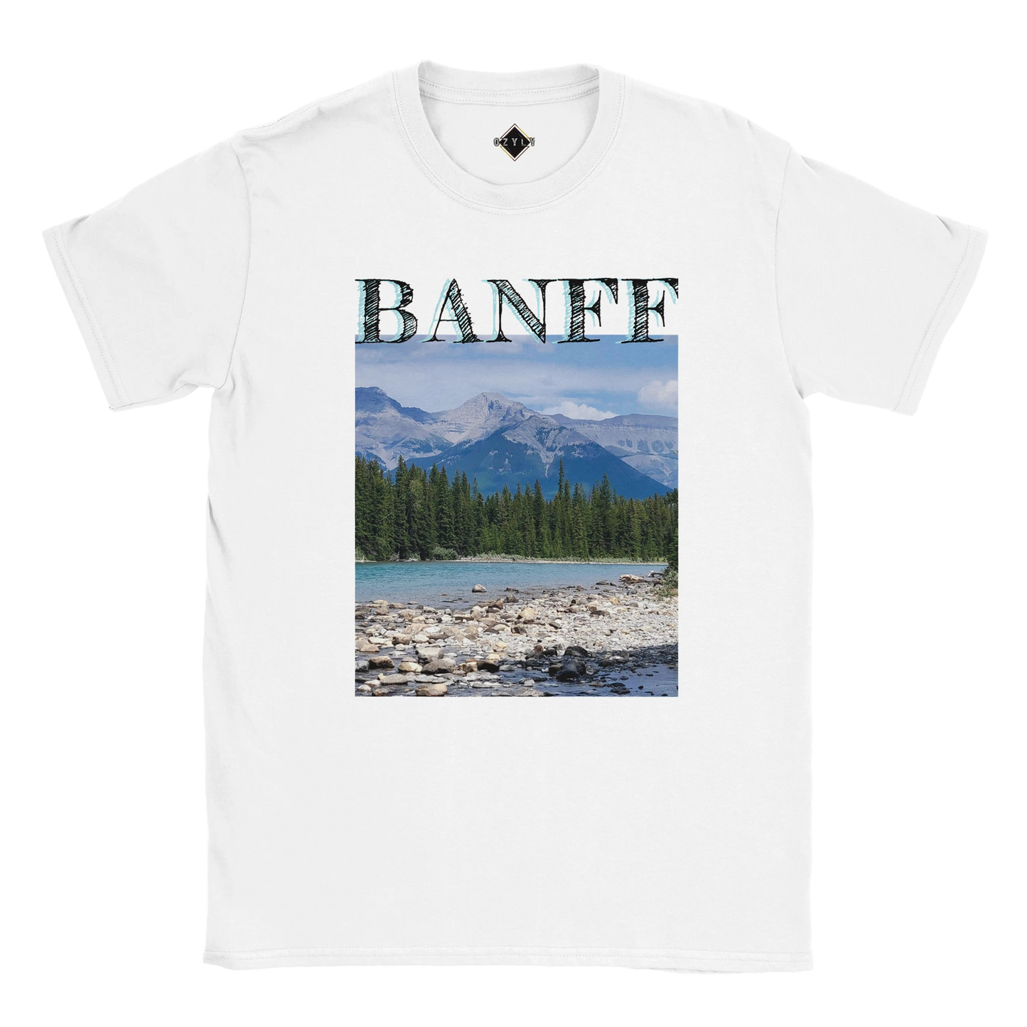 White t-shirt with Banff national park graphic on a white background Banff plus size Classic Unisex Crewneck T-shirt | Gildan® 64000