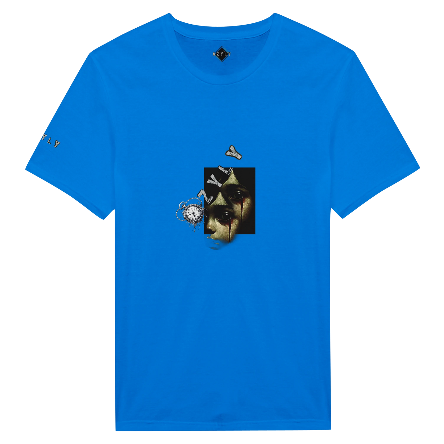 Blue t-shirt with a graphic design on a white background