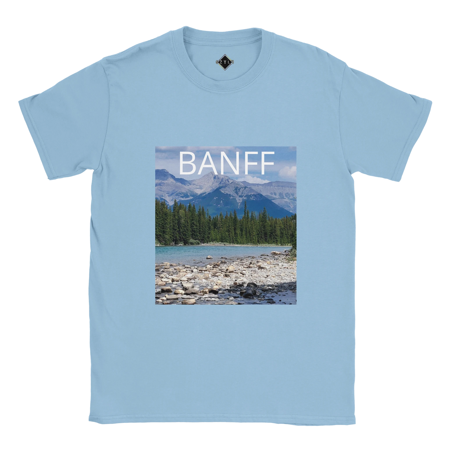 Light blue t-shirt with Banff national park graphic on a white background