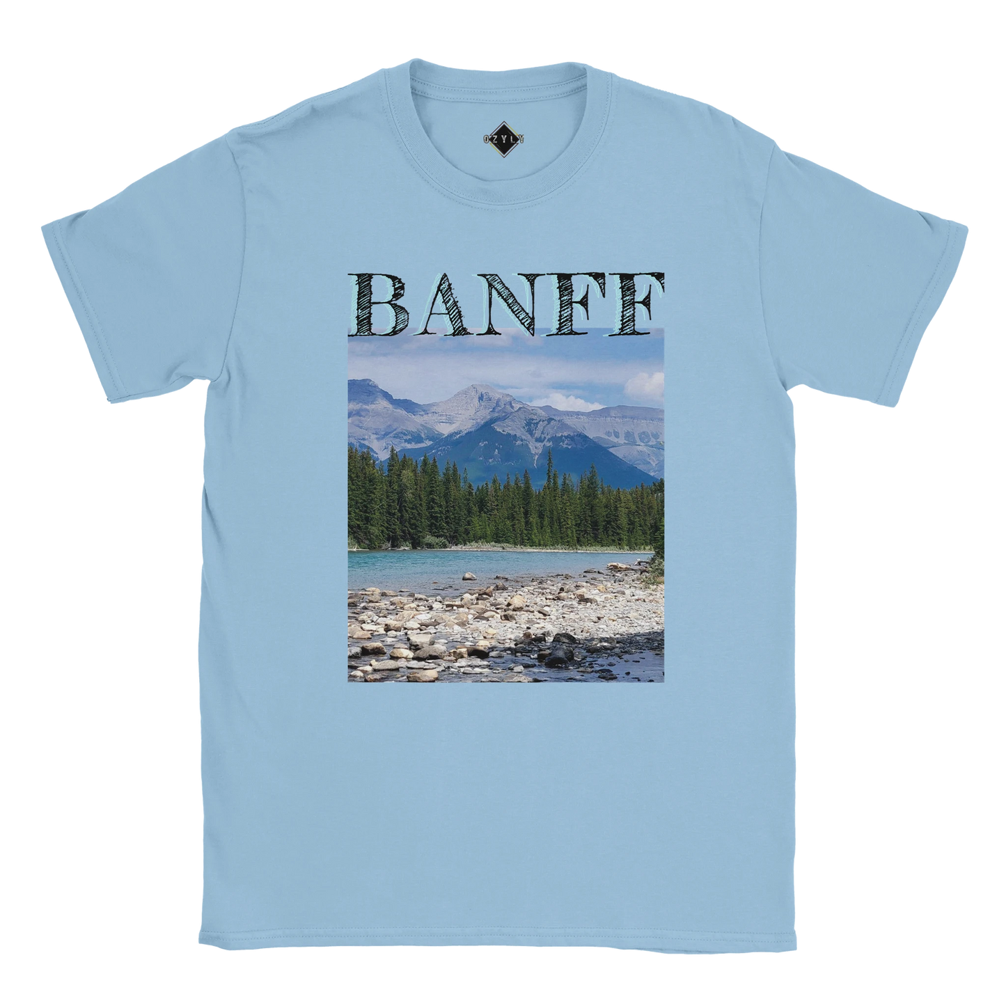Light blue t-shirt with Banff graphic design on a white background