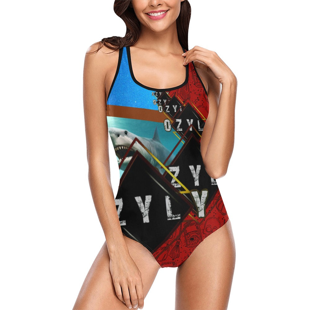 Red ''OZYLY'' multiple logo with shark in ocean with black hem line