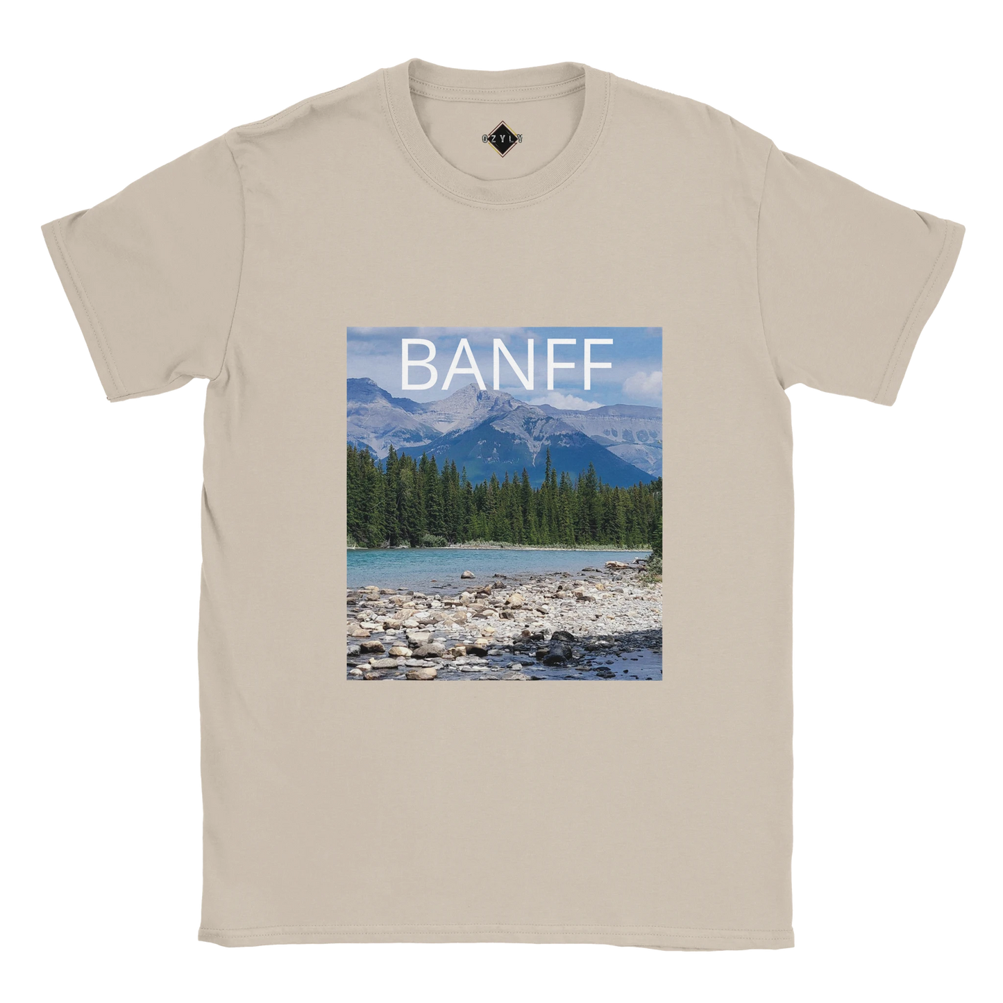 Beige t-shirt with Banff national park graphic on a white background Banff bowfalls