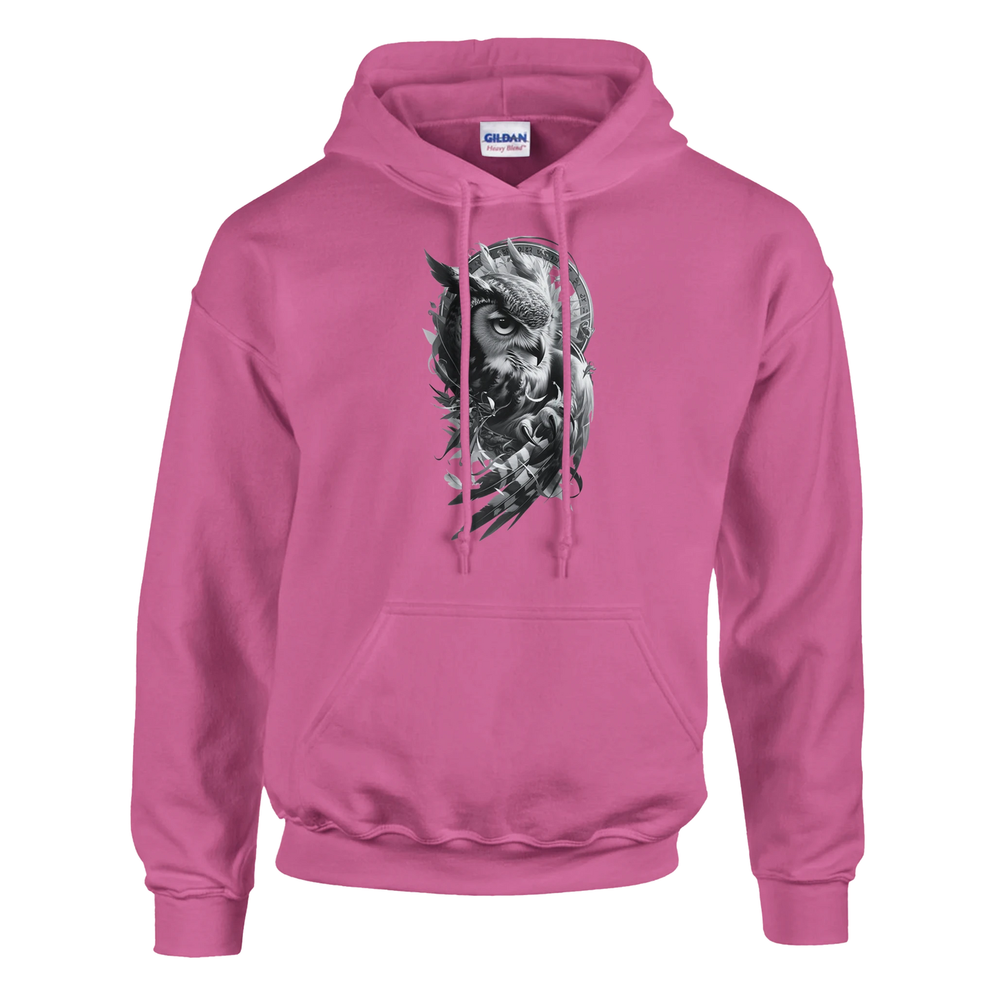 Pink hoodie with a graphic design on a white background Classic Unisex Pullover Hoodie | Gildan® 18500 with owl