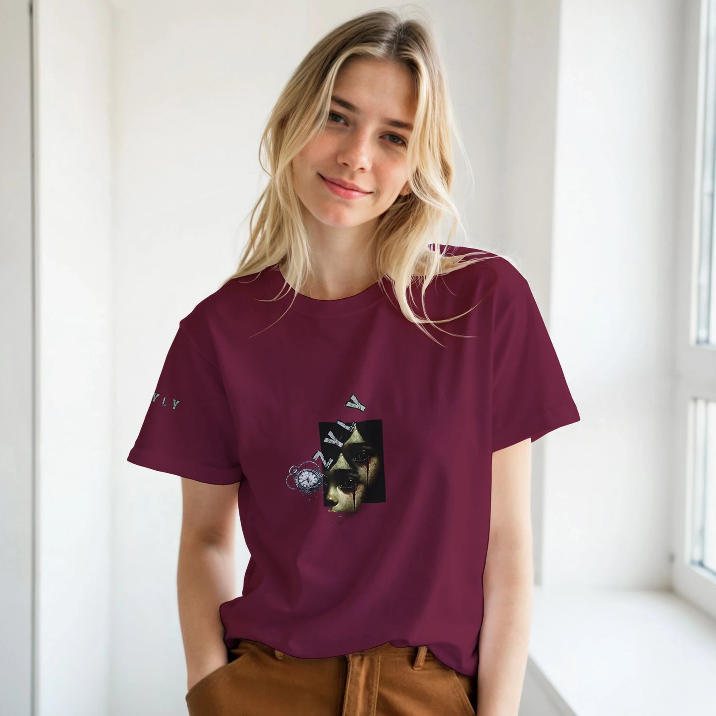 Marron t-shirt with little girl face with blood from eye with ''OZYLY'' logo