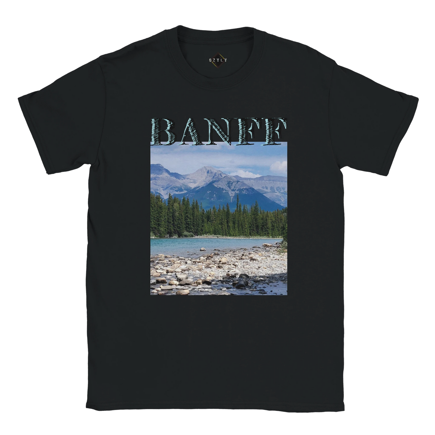 Black t-shirt with a scenic print of mountains and trees and the word Banff plus size Classic Unisex Crewneck T-shirt | Gildan® 64000'Banff'.