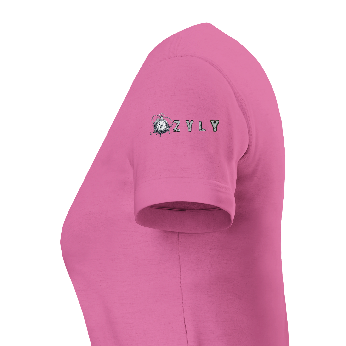 Pink t-shirt with a logo and text on the sleeve against a white background