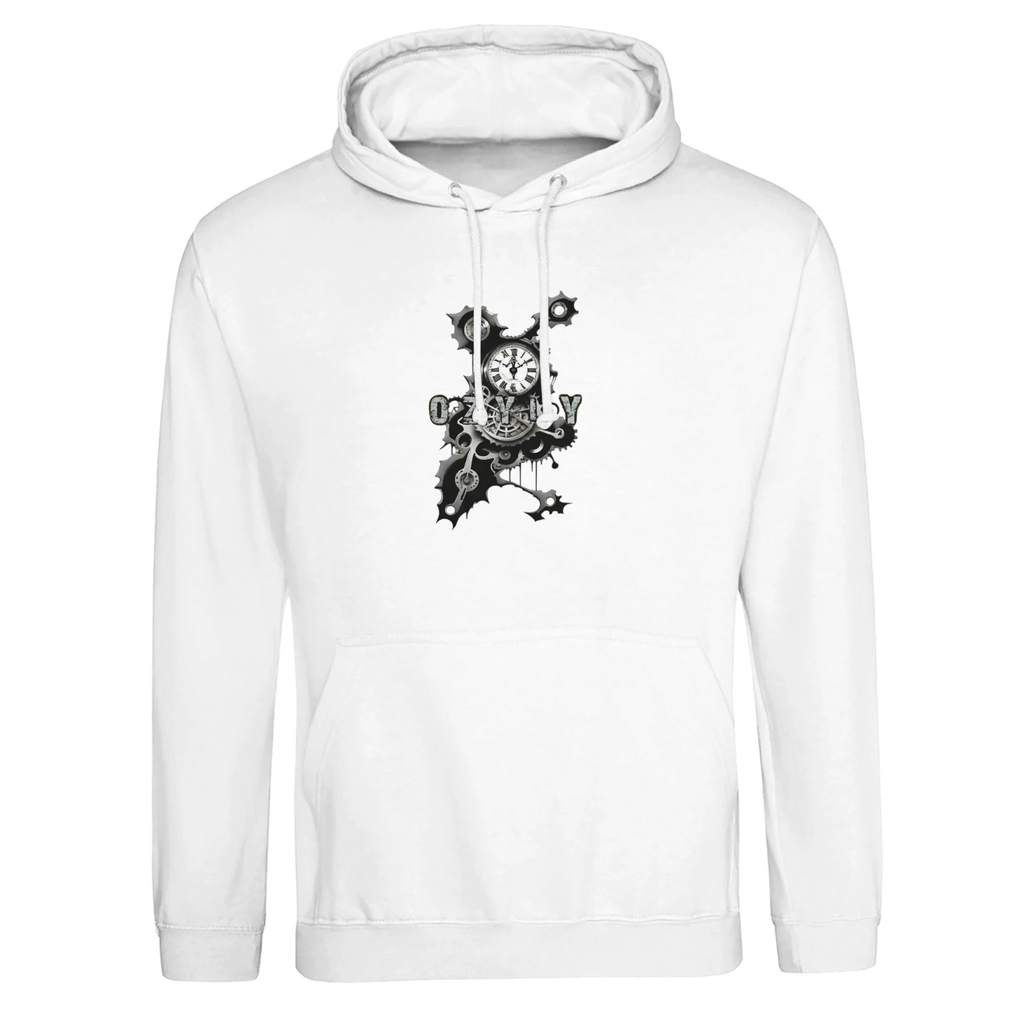 White hoodie with black graphic design on a white background
