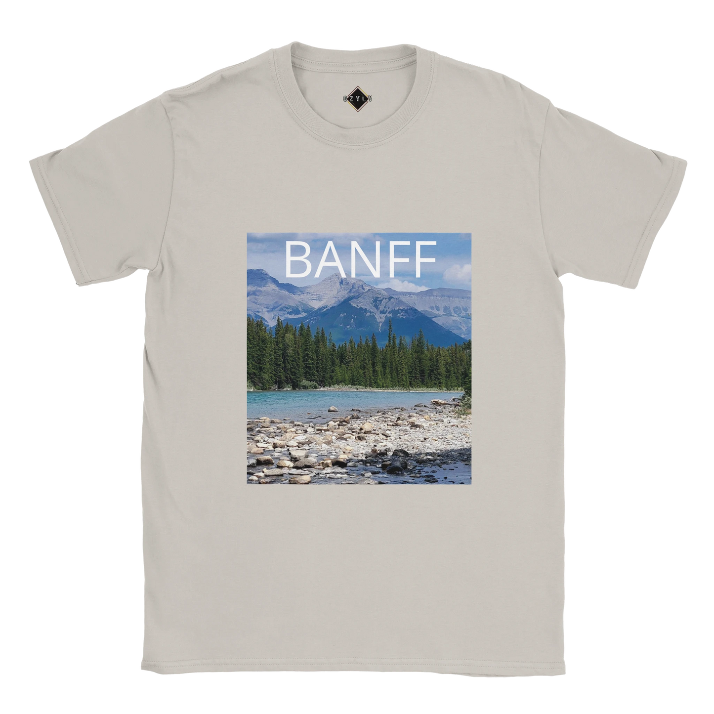 Beige t-shirt with Banff national park graphic on a white background