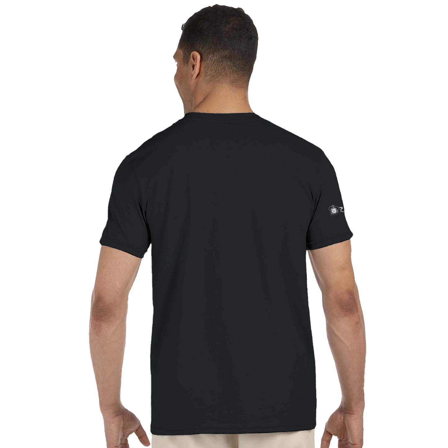 Man wearing a black t-shirt with a logo on the sleeve against a white background