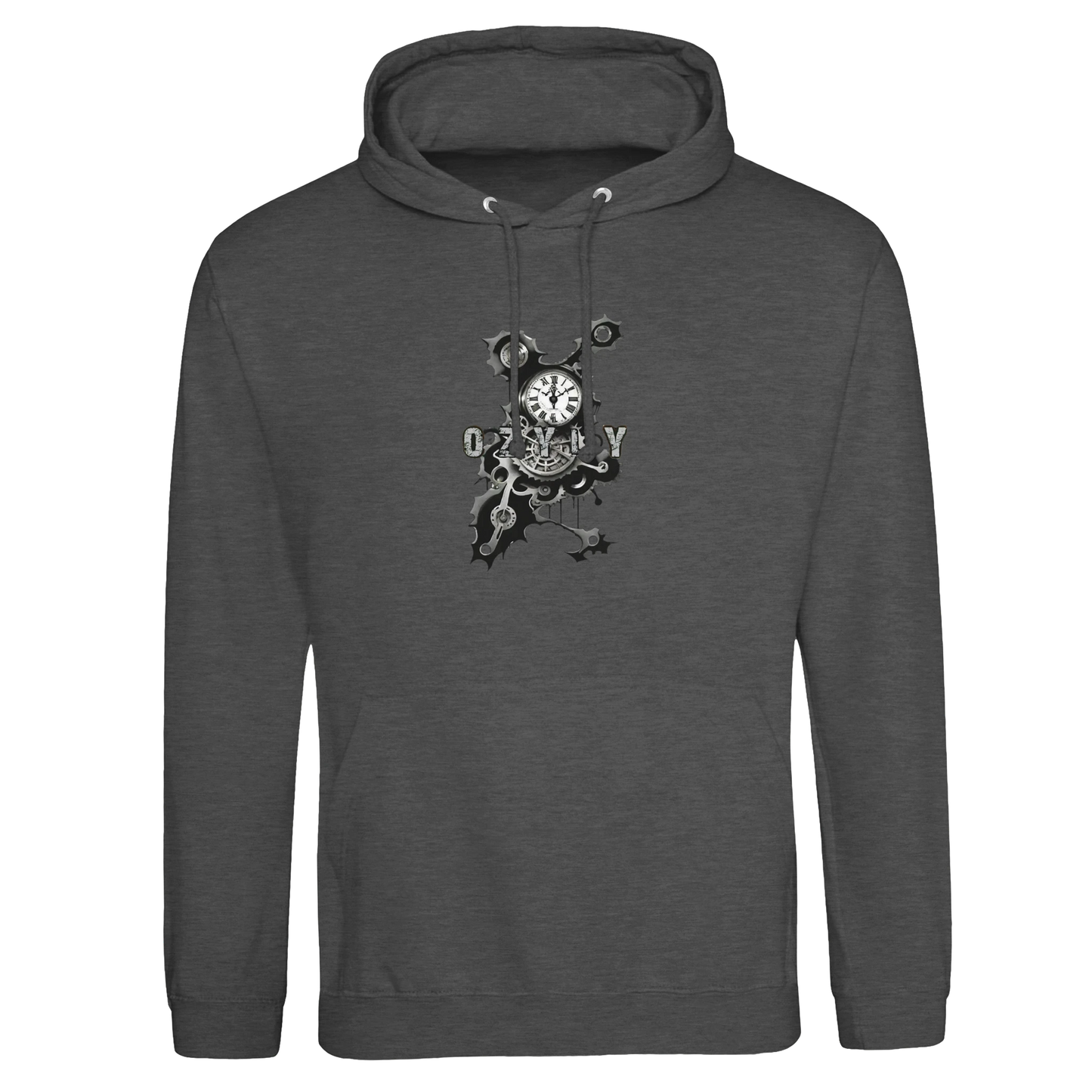 grey hoodie with a black clock mechanism graphic design