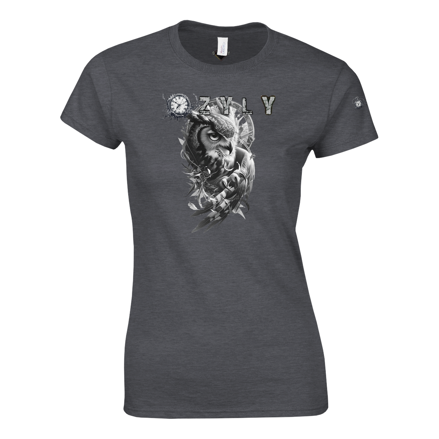 Gray t-shirt with owl design and text on a white background Classic Women Crewneck T-shirt with owl and ''OZYLY'' logo with watch