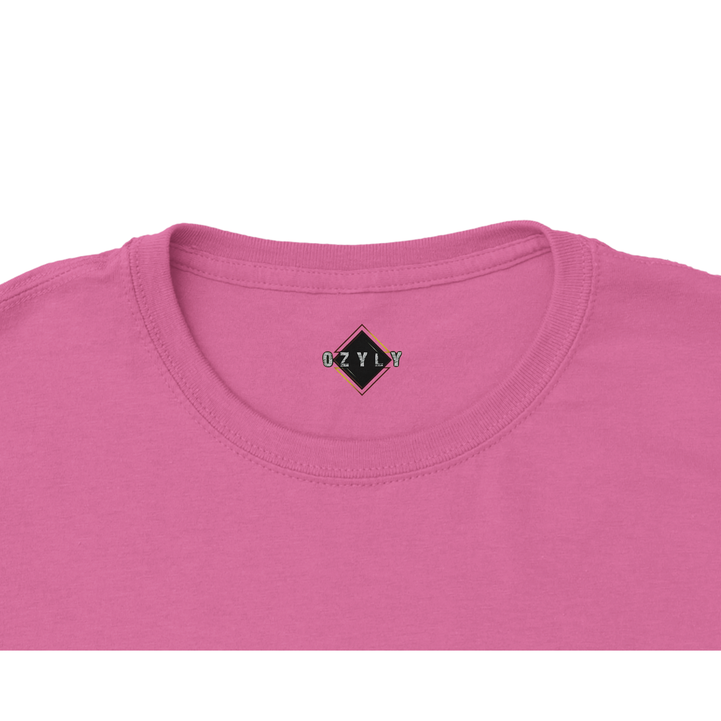 Close-up of a pink shirt with a brand logo on a white background