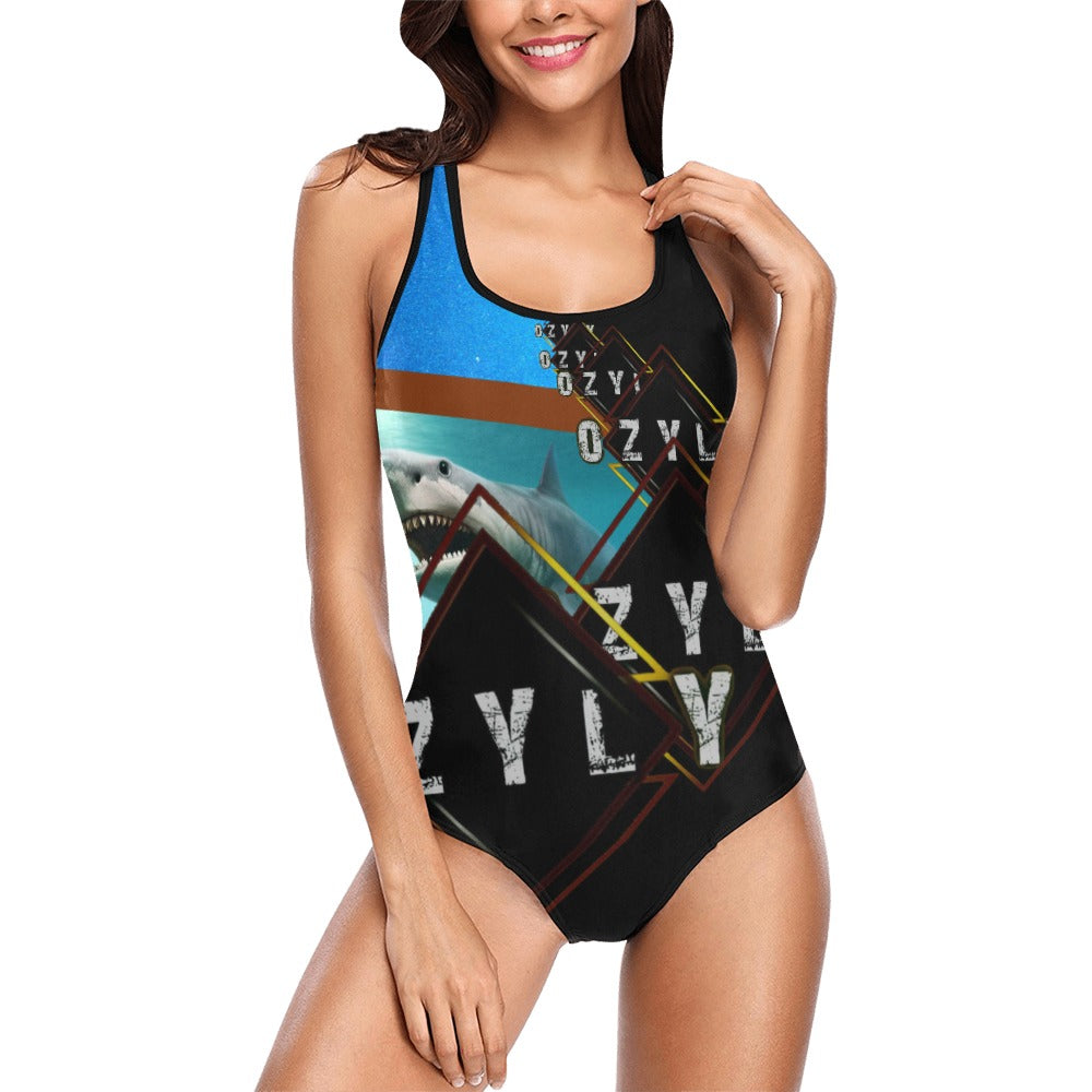 Black ''OZYLY'' multiple logo with shark in ocean with black hem line