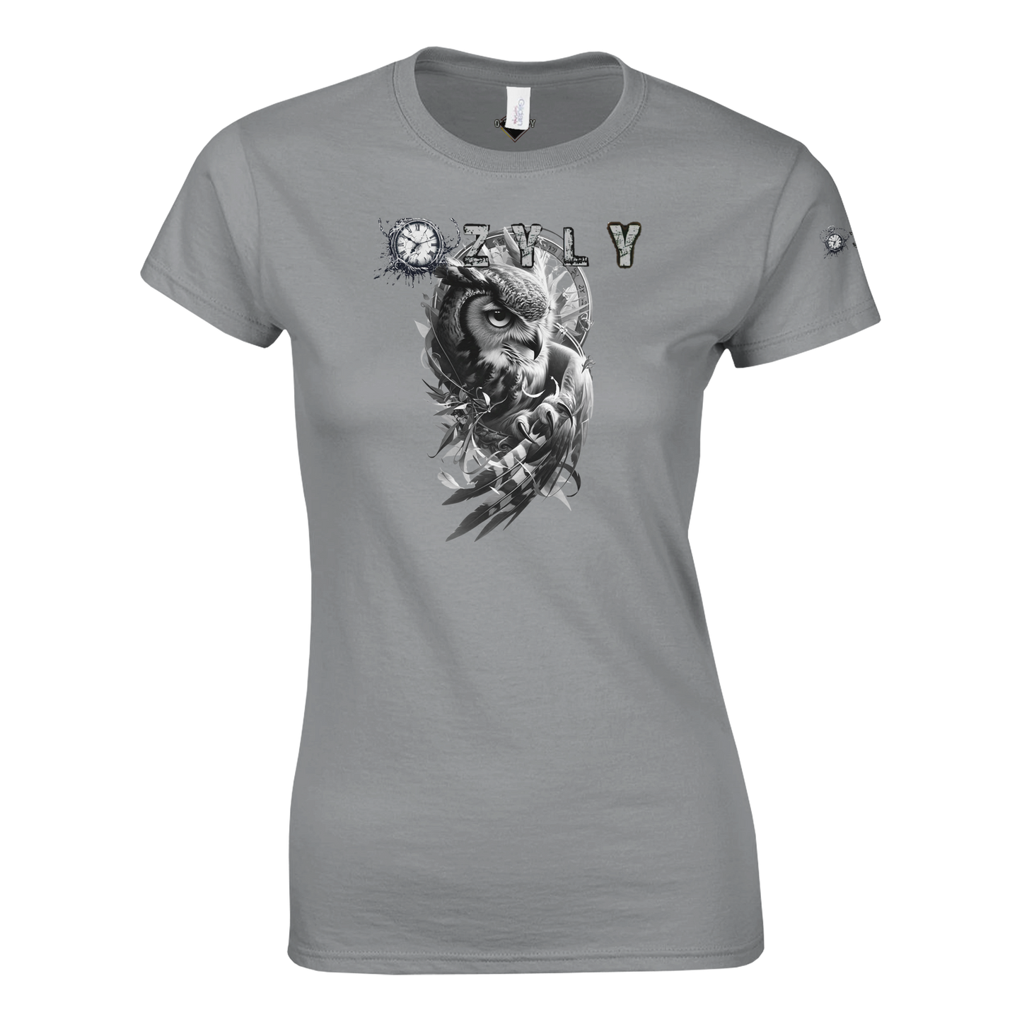 Gray t-shirt with an owl design and 'July' text Classic Women Crewneck T-shirt with owl and ''OZYLY'' logo with watch