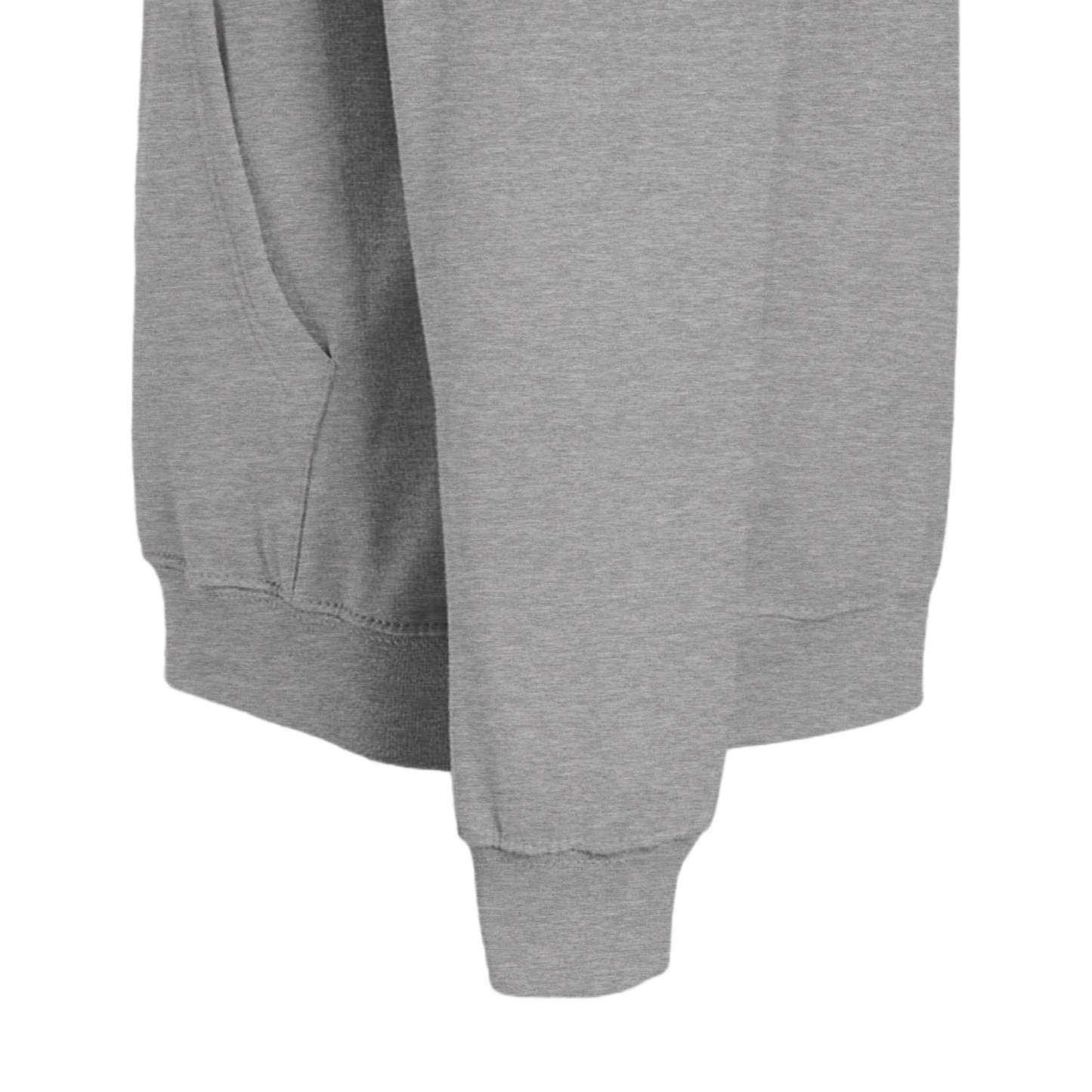 Gray sweatshirt with a focus on the sleeve and hem on a white background