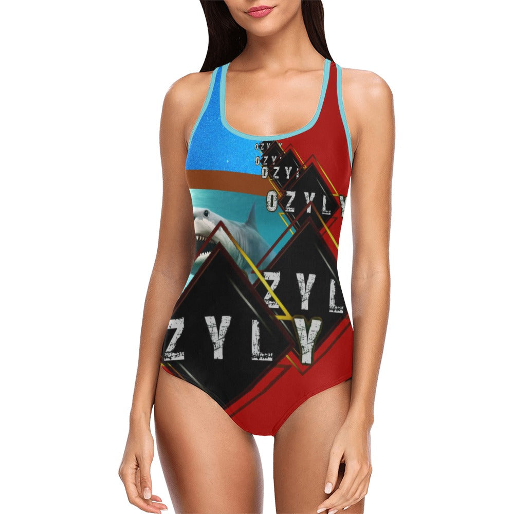 Red ''OZYLY'' multiple logo with shark in ocean with blue hem line