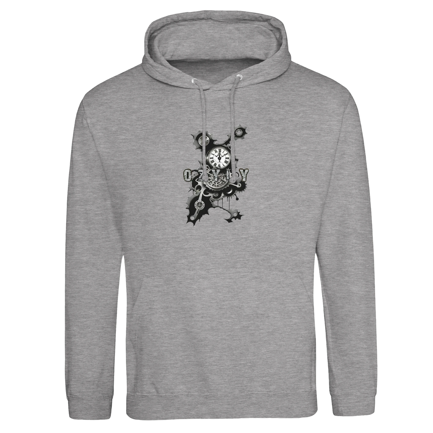 Gray hoodie with a black clock mechanism graphic design