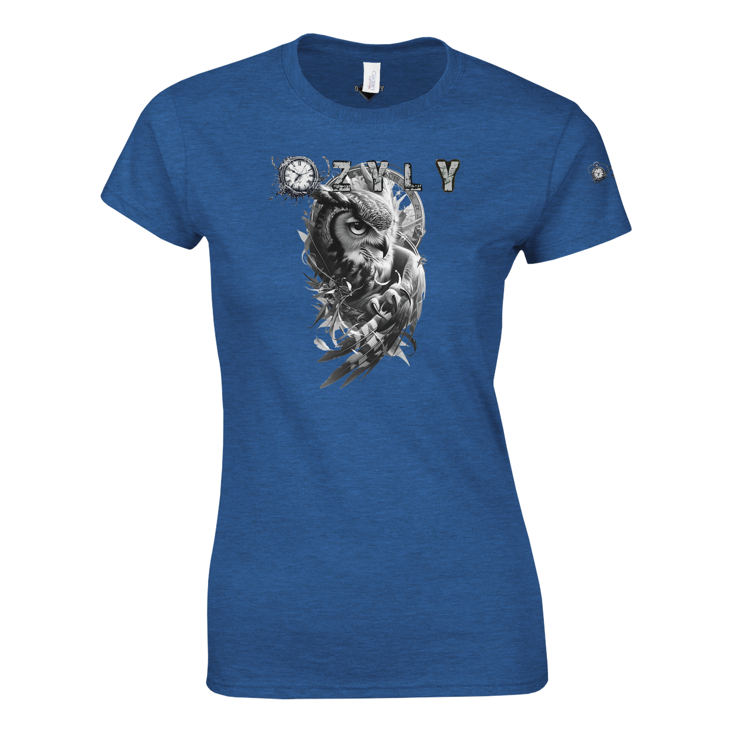Blue t-shirt with a graphic design of an owl and text on a white background Classic Women Crewneck T-shirt with owl and ''OZYLY'' logo with watch