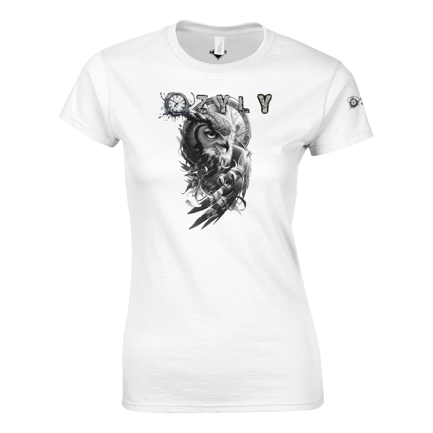 White t-shirt with black graphic design and 'Ozzy' text on a white background Classic Women Crewneck T-shirt with owl and ''OZYLY'' logo with watch