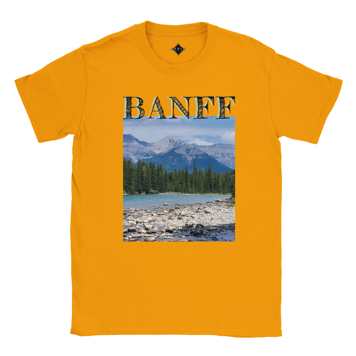 Yellow t-shirt with Banff graphic design featuring mountains and trees. Banff plus size Classic Unisex Crewneck T-shirt | Gildan® 64000