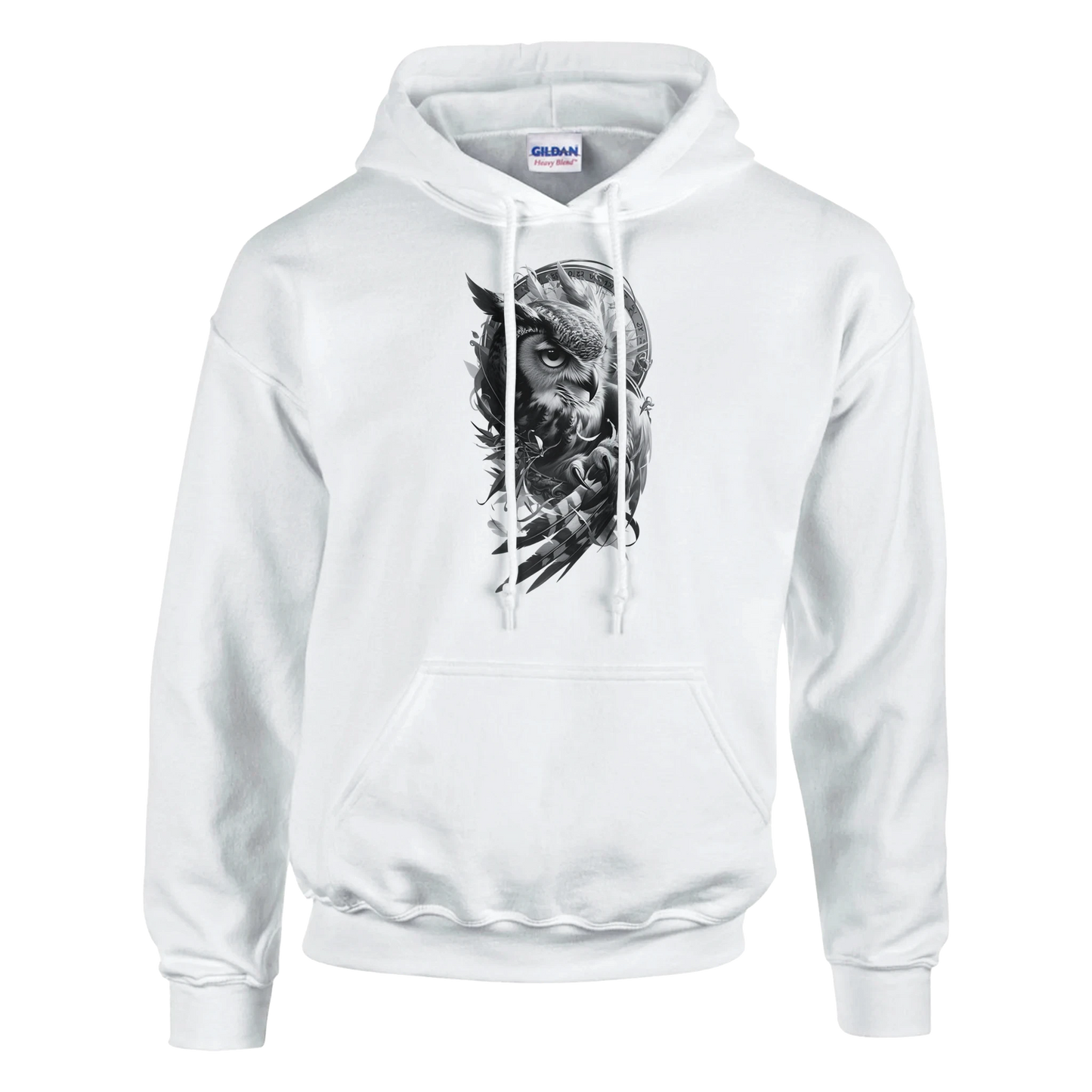 White hoodie with a black and white graphic design on a white background Classic Unisex Pullover Hoodie | Gildan® 18500 with owl
