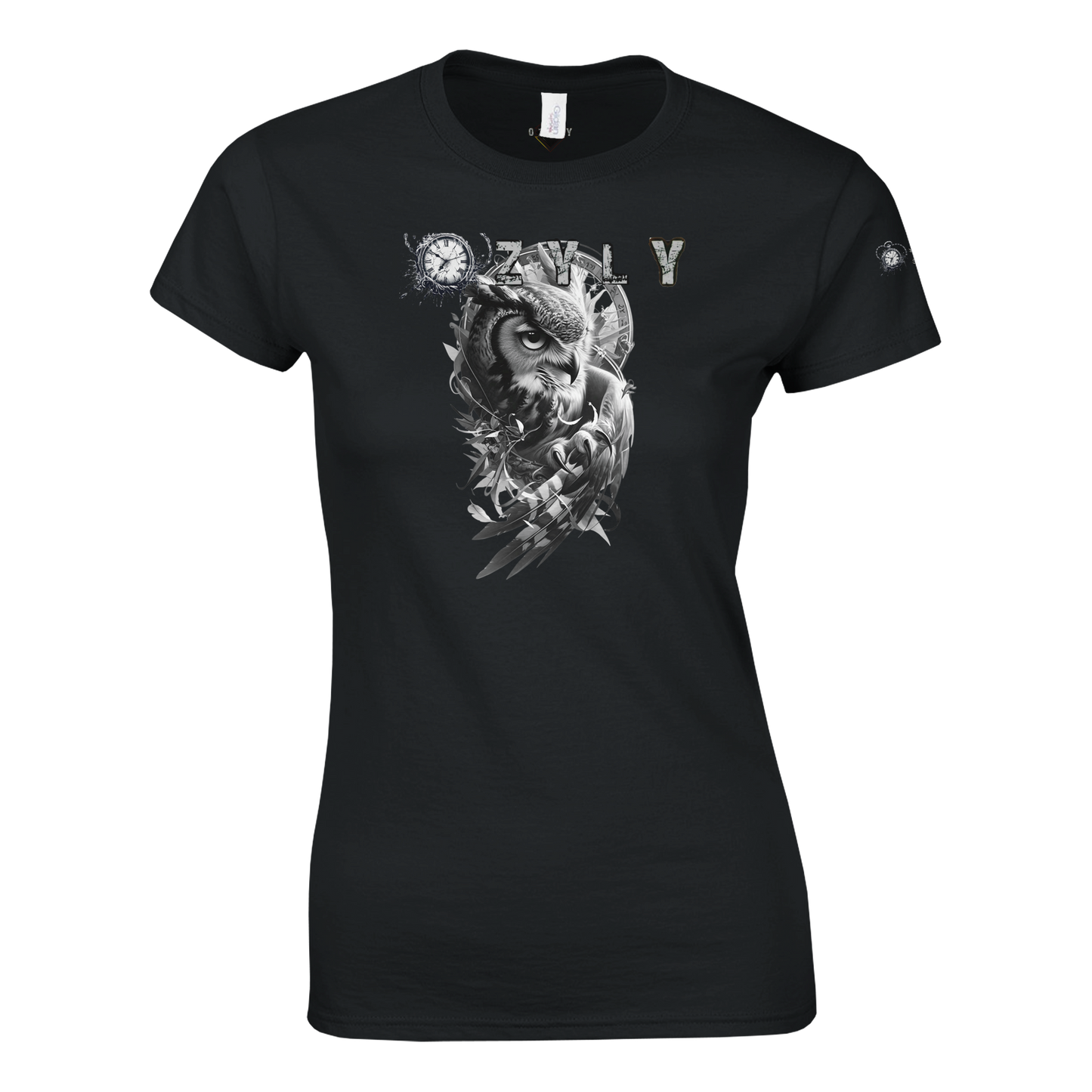 Black t-shirt with a graphic design of an owl and text on a white background Classic Women Crewneck T-shirt with owl and ''OZYLY'' logo with watch