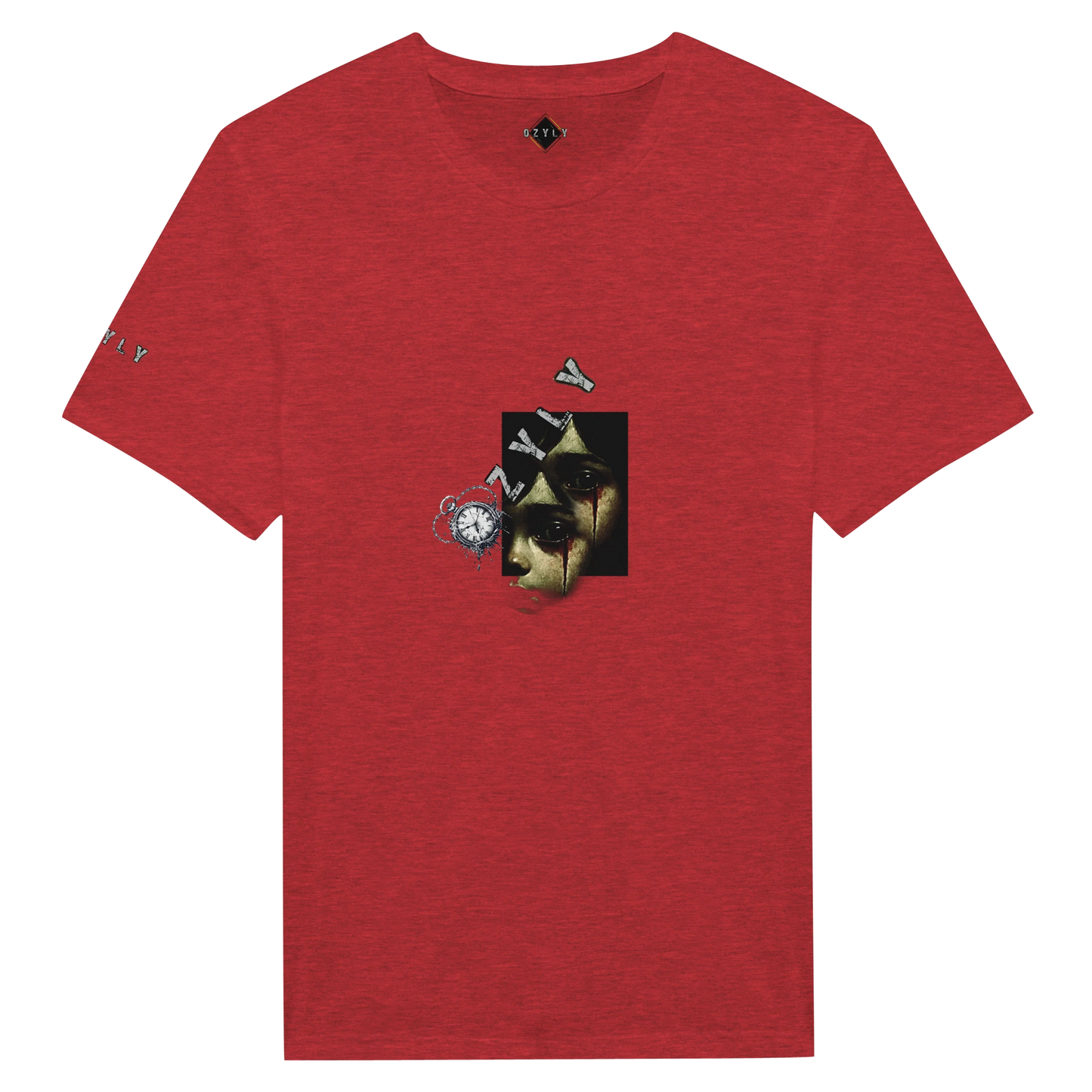 Red t-shirt with little girl face with blood from eye with ''OZYLY'' logo