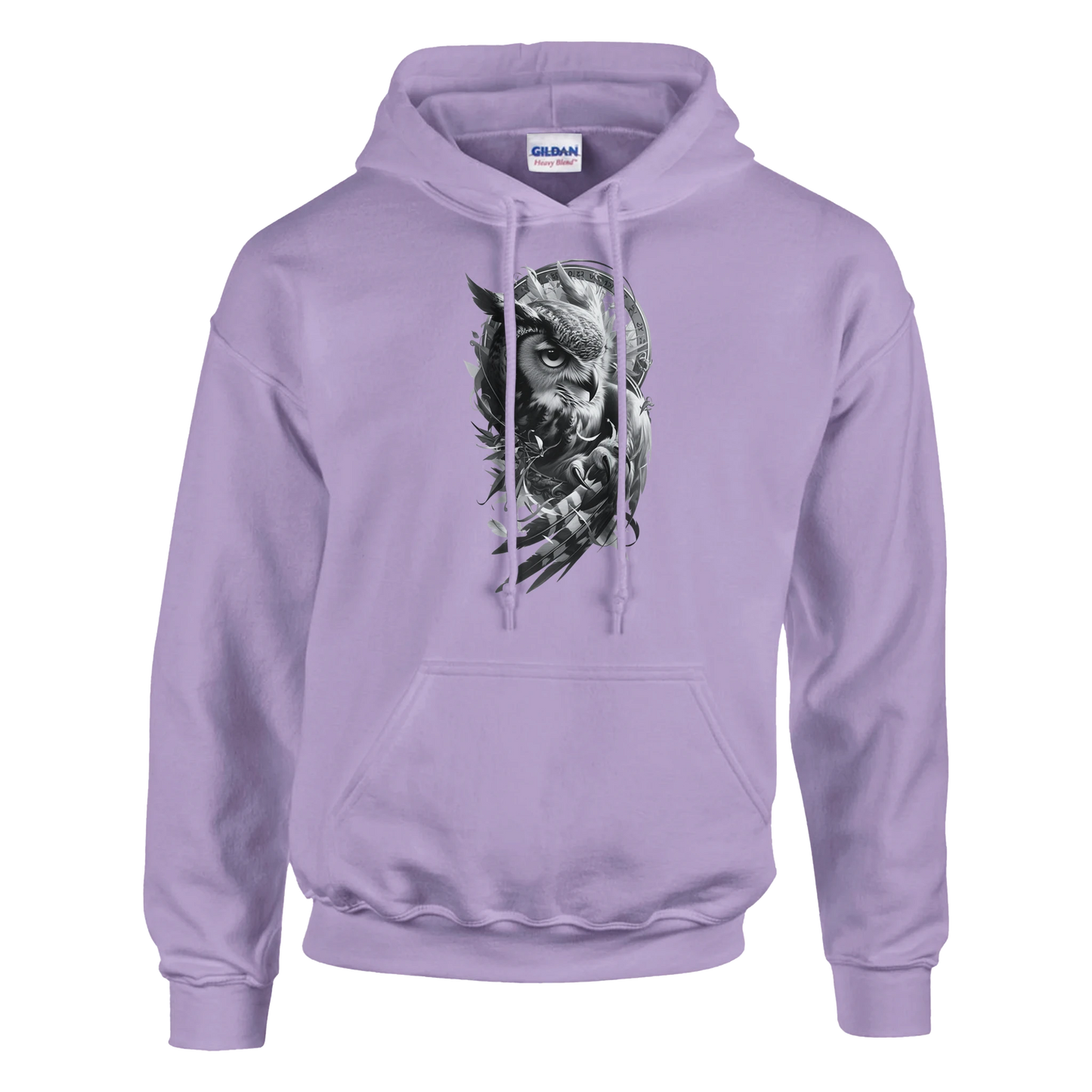 Purple hoodie with a graphic design on a white background Classic Unisex Pullover Hoodie | Gildan® 18500 with owl