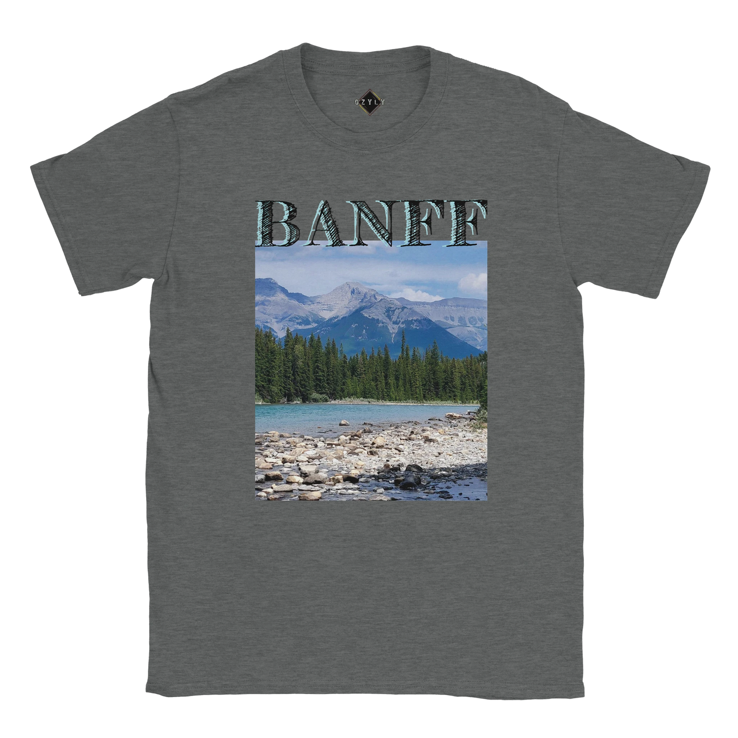 Gray t-shirt with Banff graphic design featuring mountains and lake. Banff plus size Classic Unisex Crewneck T-shirt | Gildan® 64000