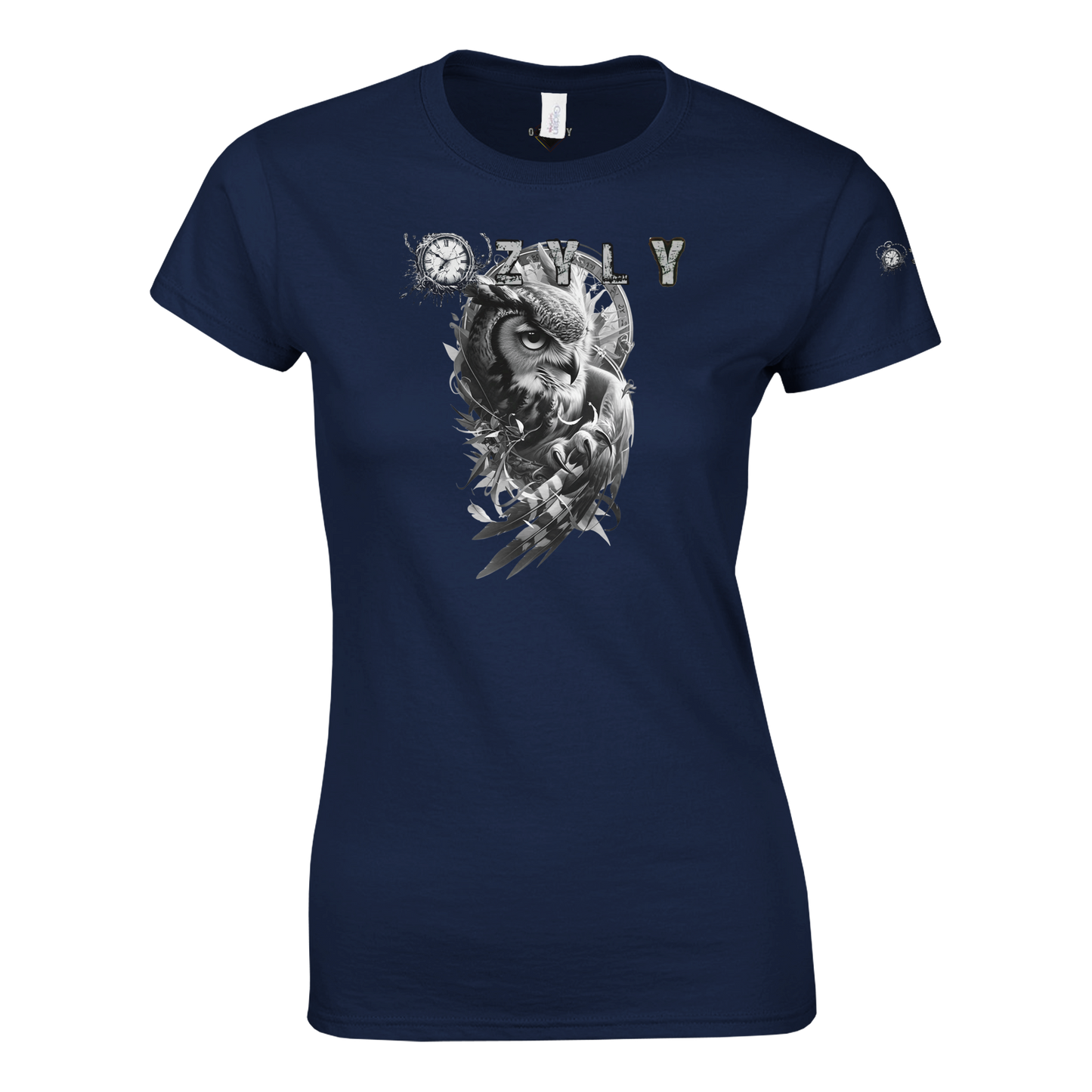 Navy blue t-shirt with an owl design Classic Women Crewneck T-shirt with owl and ''OZYLY'' logo with watch