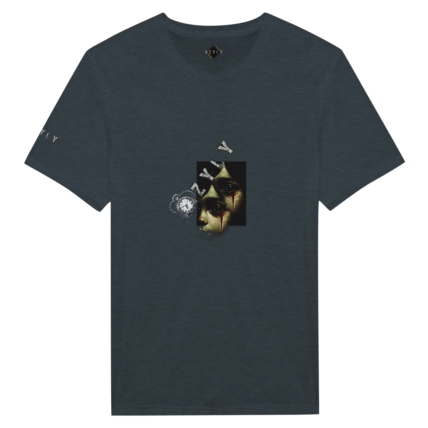 Dark Green t-shirt with little girl face with blood from eye with ''OZYLY'' logo