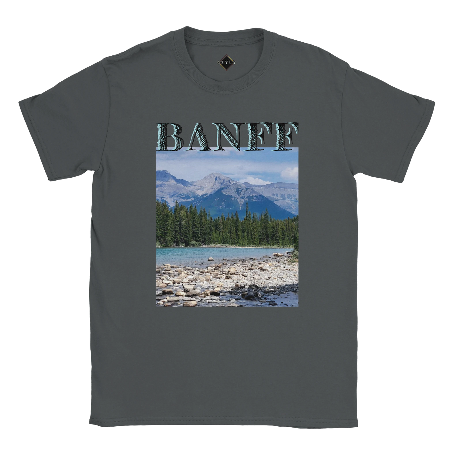 Gray t-shirt with Banff national park graphic on a white background Banff plus size Classic Unisex Crewneck T-shirt | Gildan® 64000