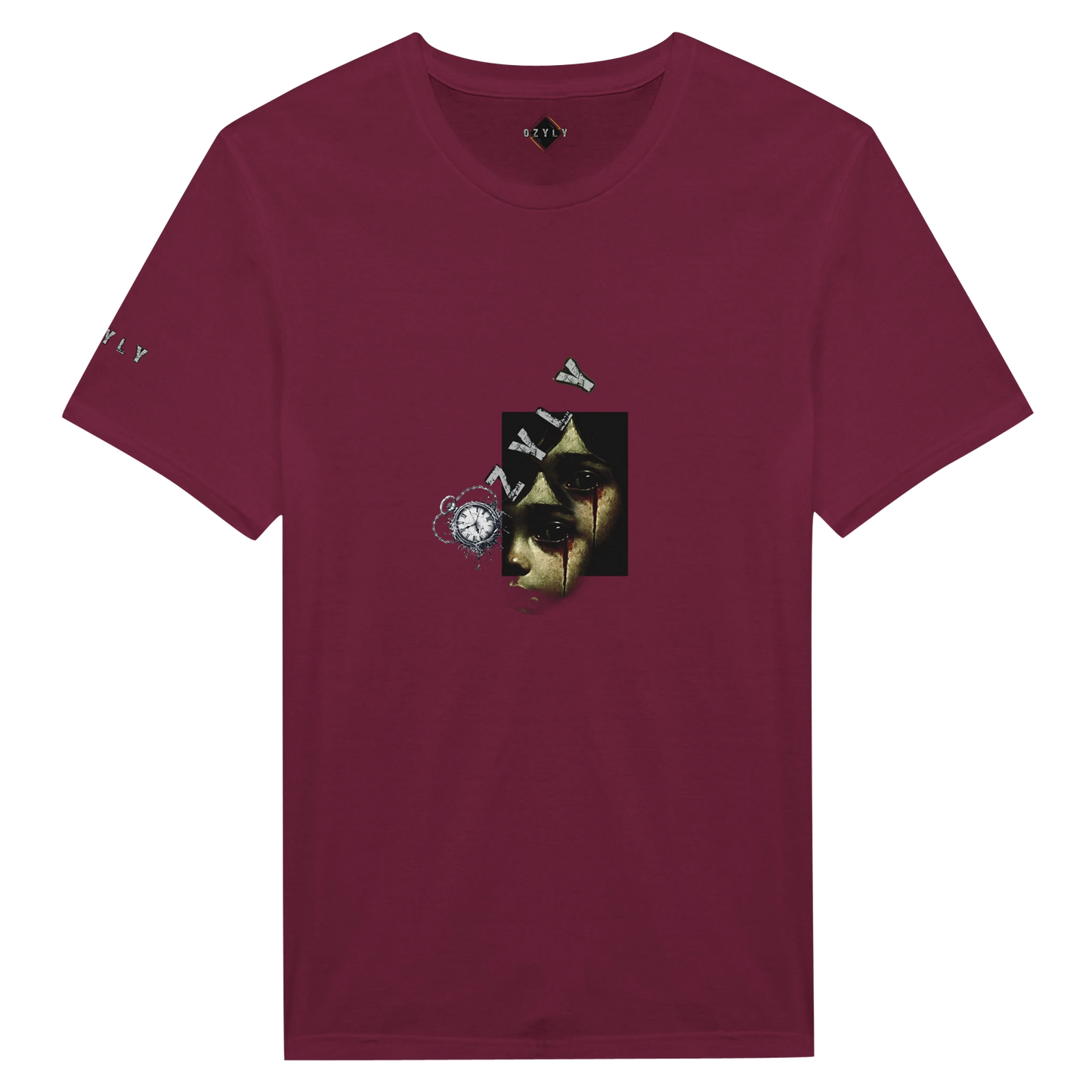Maroon t-shirt with a dog graphic on a white background
