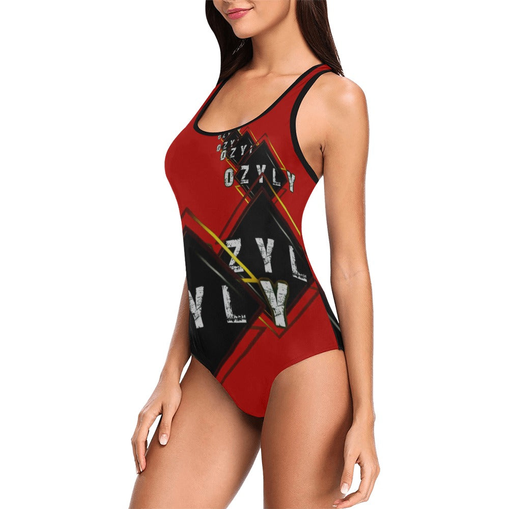 Red ''OZYLY'' multiple logo with black hem line